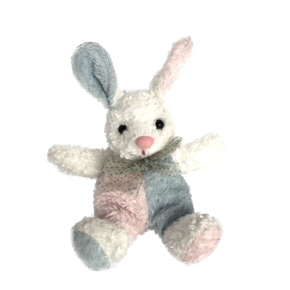 Unbranded Bunny Rabbit Plush White Pink Blue Multicolor Ribbon Bow 6" - Picture 1 of 5